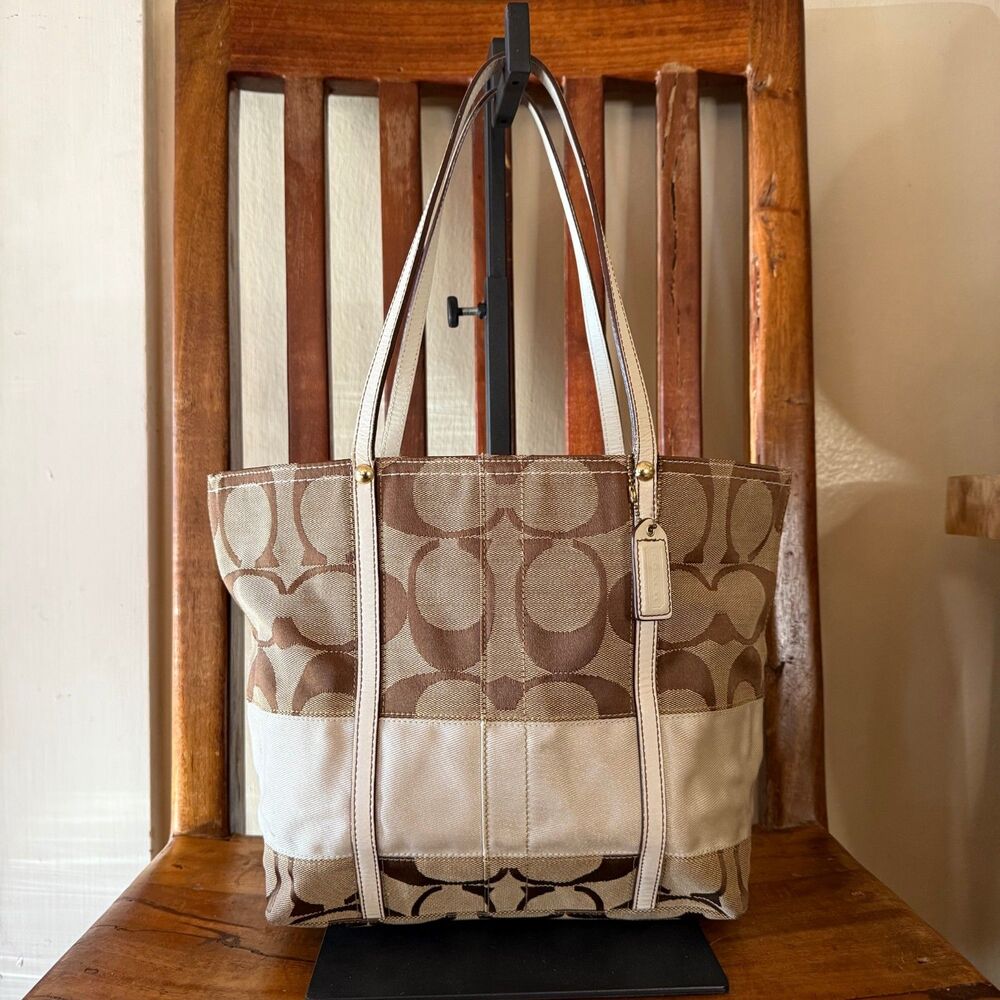Coach Signature Stripe Tote 11098 Brown Khaki Canvas Leather Shoulder Bag Y2K